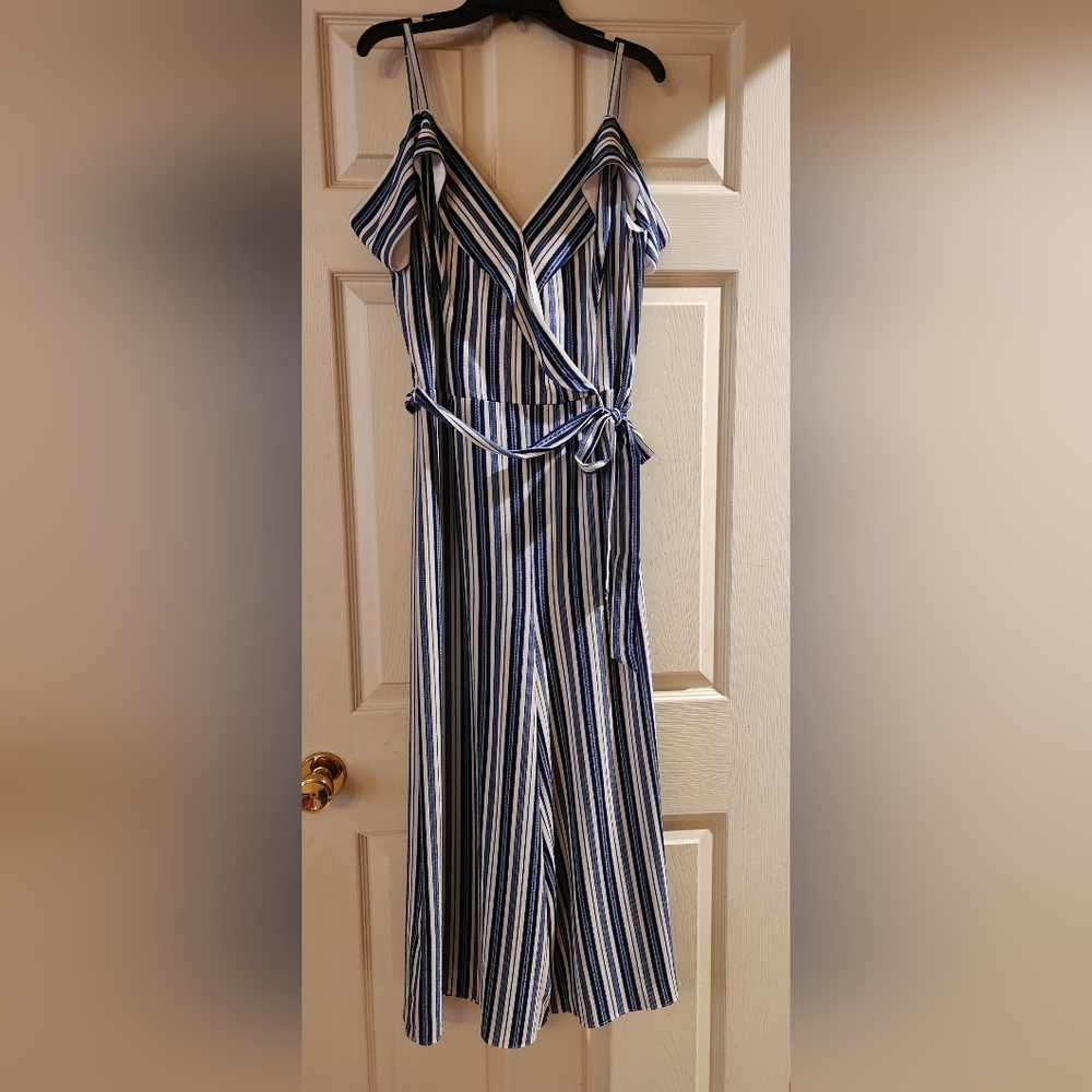Jumpsuit navy blue and white pin striped, off the shoulder, Size 15